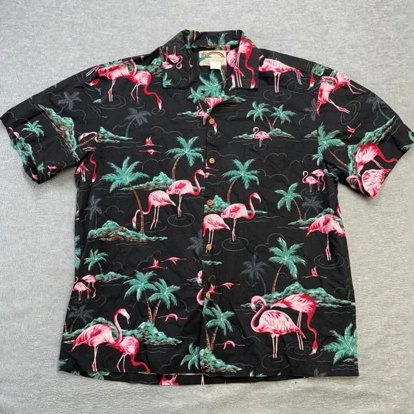 VTG Paradise Found Hawaiian Shirt Mens Large Black Flamingos Palm Trees Camp - Picture 2 of 7